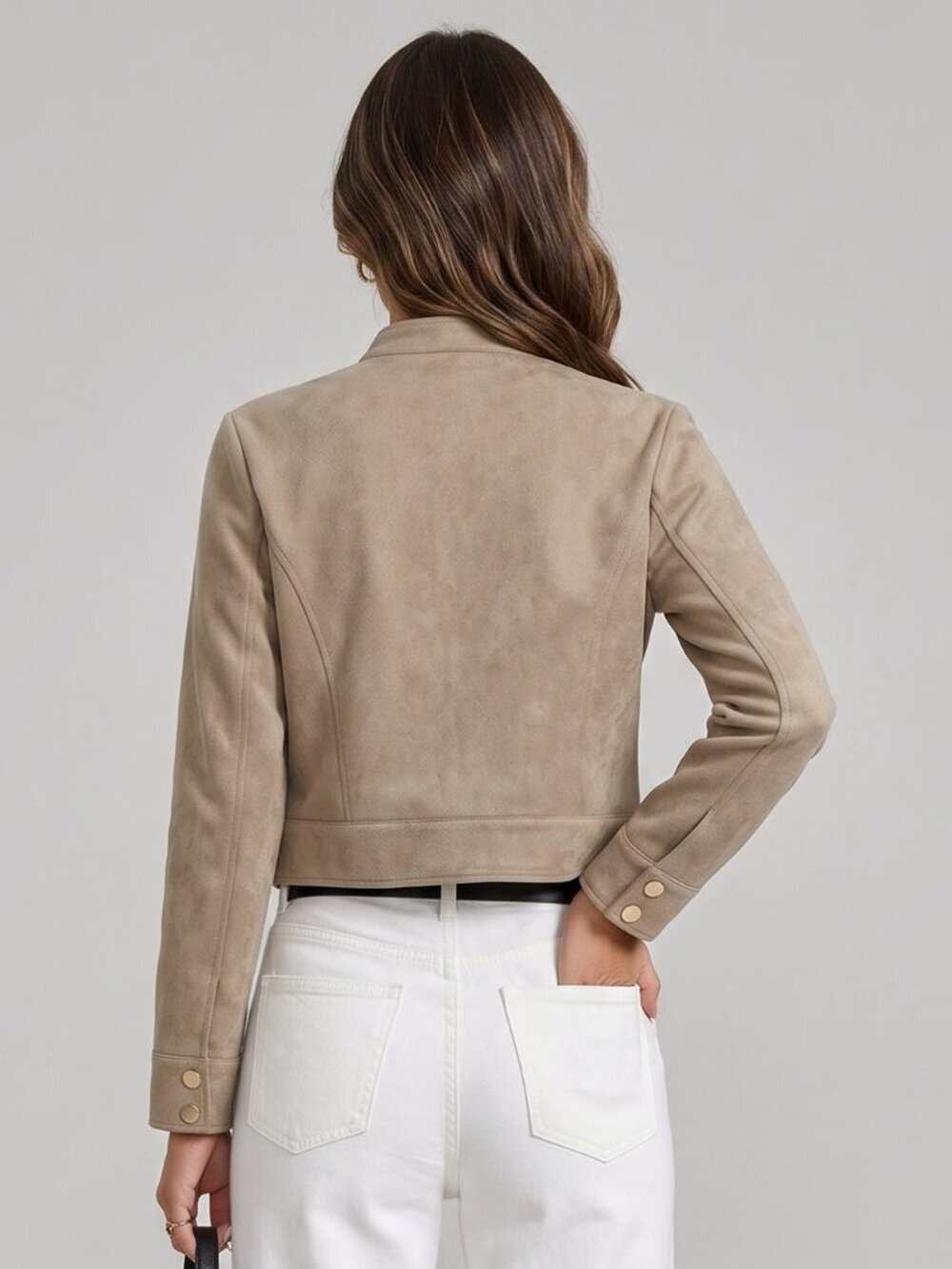 Women's Taupe Cropped Cargo Jacket Zip Front Button Pocket Utility Coat - Picture 2 of 3